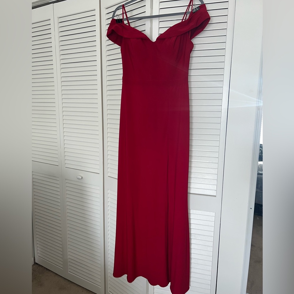 Morgan & Co red off the shoulder maxi dress